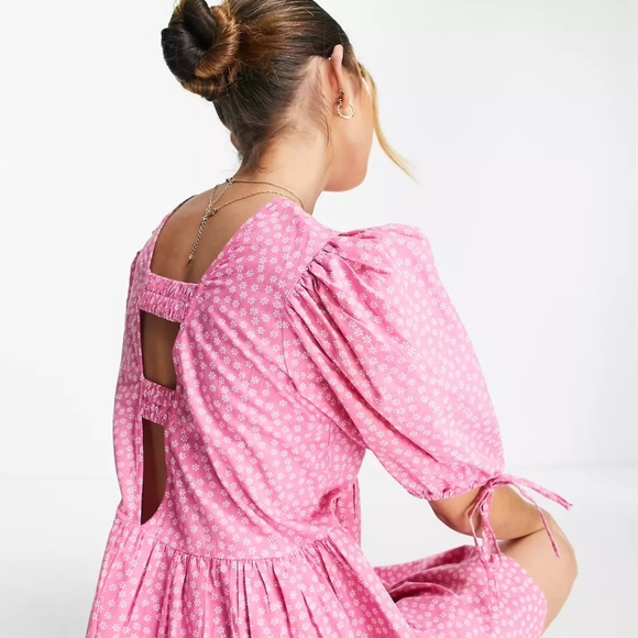 NWT ASOS Influence Mini Smock Dress Pink Floral (US 6 equivalent to a UK 10) - Picture 3 of 6